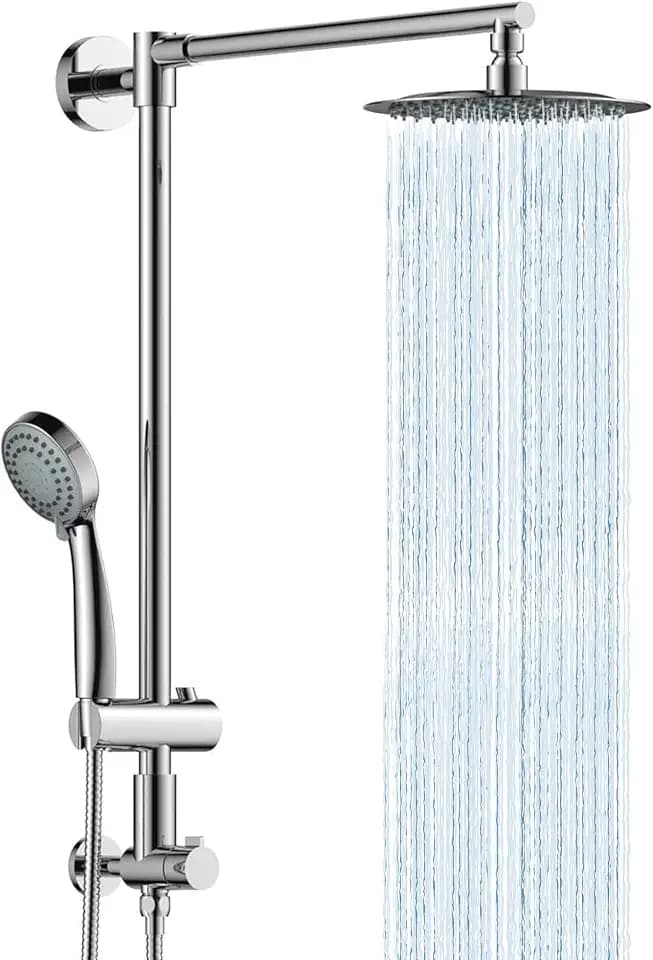 Fennocasa Polaris 1 Rain Shower System, includes 8” Rainfall Shower Head with High Pressure Handheld Combo, 3-Setting Handheld Spray, Height Adjustable Spray Holder, 60” Hose (Chrome)
