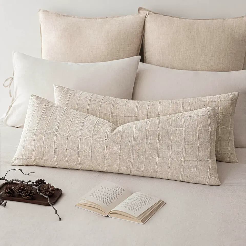 Foindtower Long Linen Check Lumbar Throw Pillow Cover 14×36 Cream White