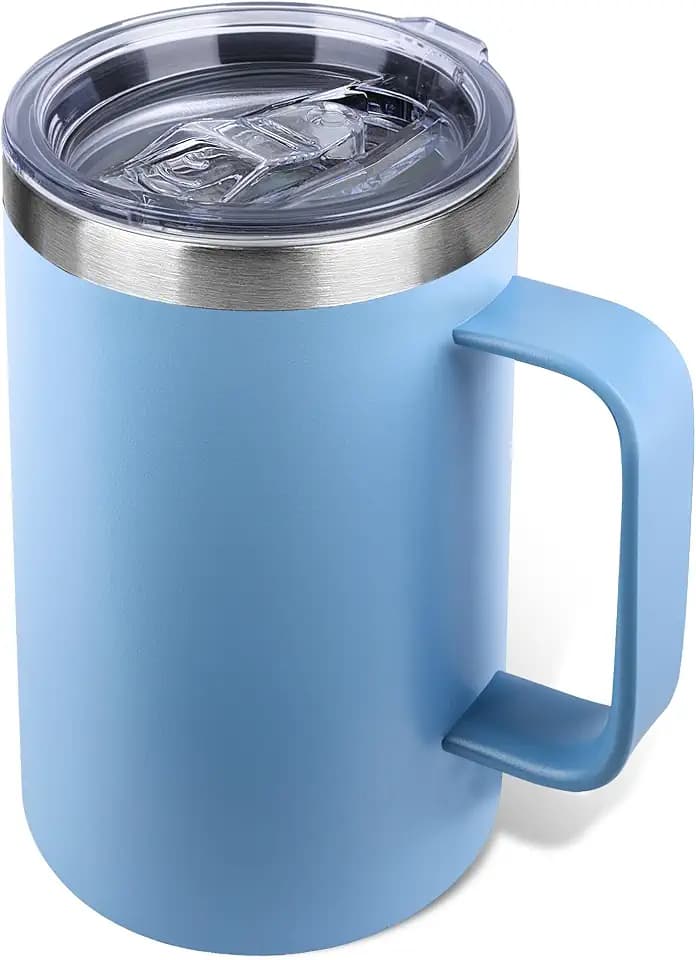 22oz Insulated Coffee Mug with Handle & Leak-Proof Lid - Double Wall Stainless Steel Travel Tumbler for Commute/Office/Home, Blue, 1 Pack