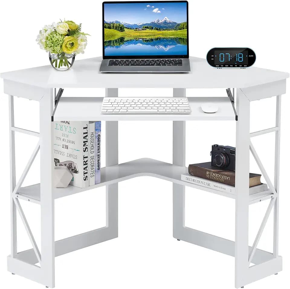 VECELO Corner Computer Desk 41 x 30 inches with Smooth Keyboard & Storage Shelves for Home Office Workstation, White