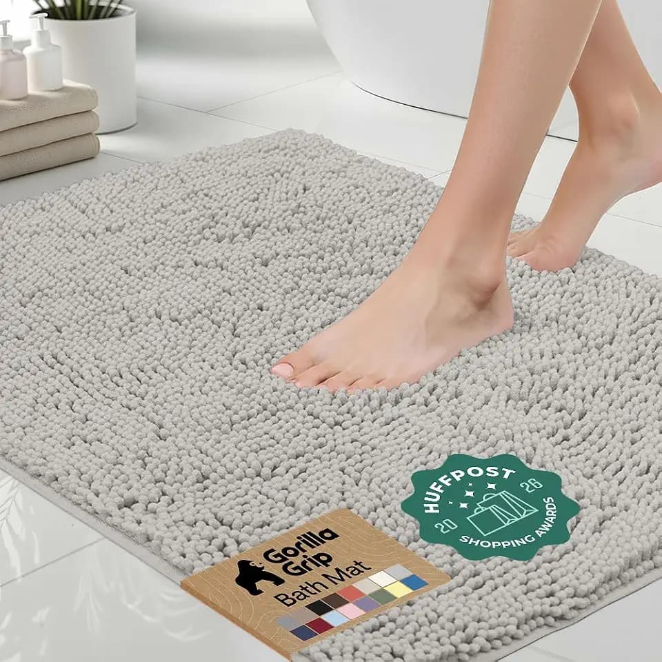 GORILLA GRIP Bath Rug Mat for Bathroom, Absorbent Chenille 30x20 Light Gray