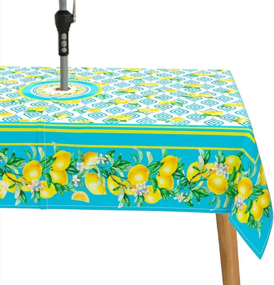 Lemon Outdoor Tablecloth with Umbrella Hole for Oval Table, Waterproof Lemon Patio Table Cloth with Zipper - 60 x 84 inches