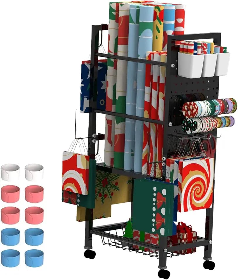 Gift Wrapping Paper Organizer Storage with Wheels and 10 Slap Bands, Gift Wrap Storage Station with Ribbon and Gift Bag Storage, Rolling Craft Storage Cart