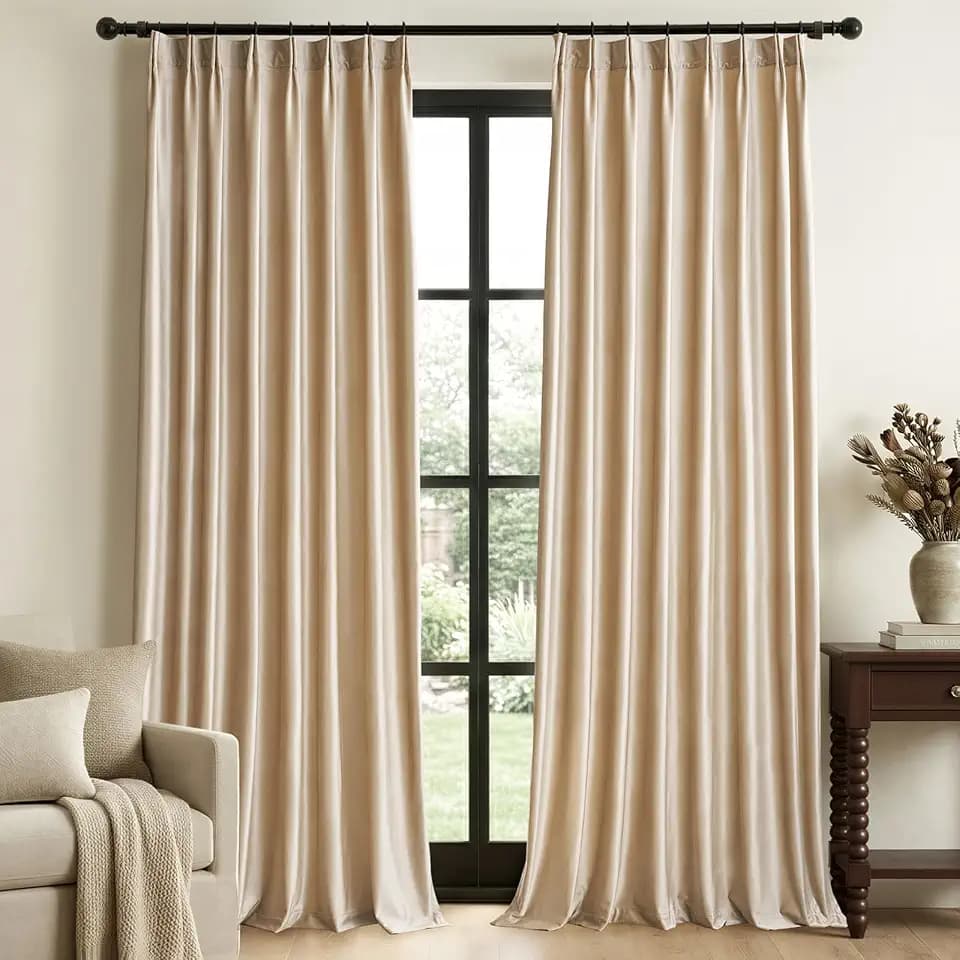 Beige Champagne Velvet Curtains 108 Inch: Living Room Pinch Pleated 2 Panels Luxury Darkening Thermal Insulated Drape with Hooks- Elegant Soundproof Noise Reducing Back Tab Window Curtain for Bedroom