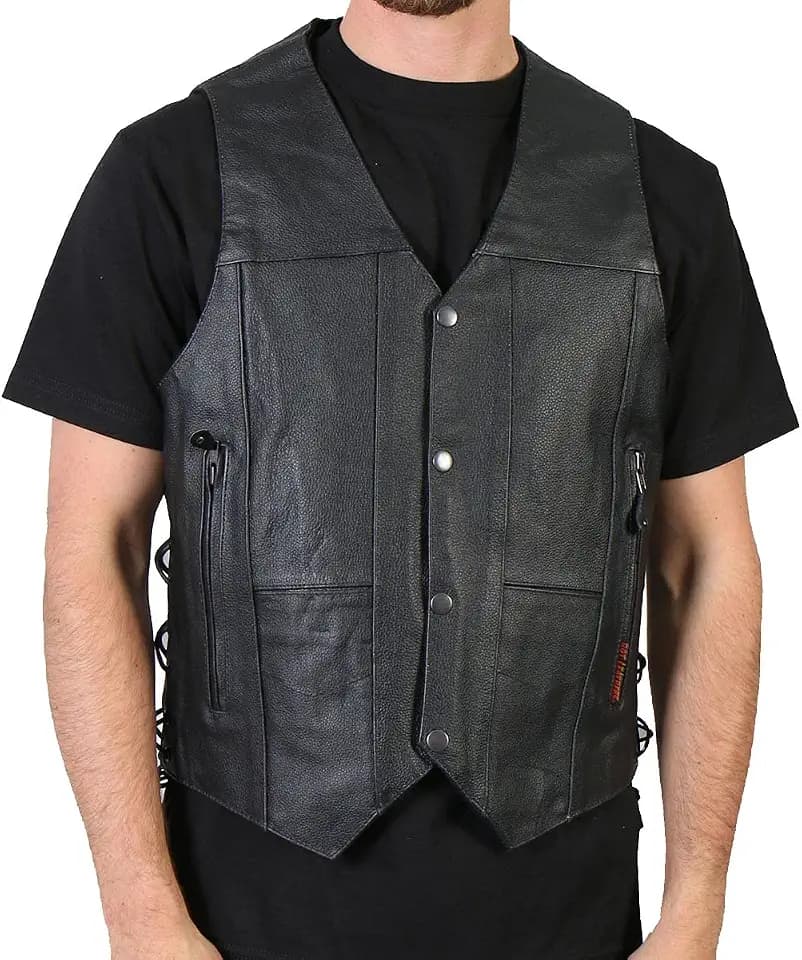 Hot Leathers Men’s Black Medium Weight 10‑Pocket Leather Vest with Side Laces