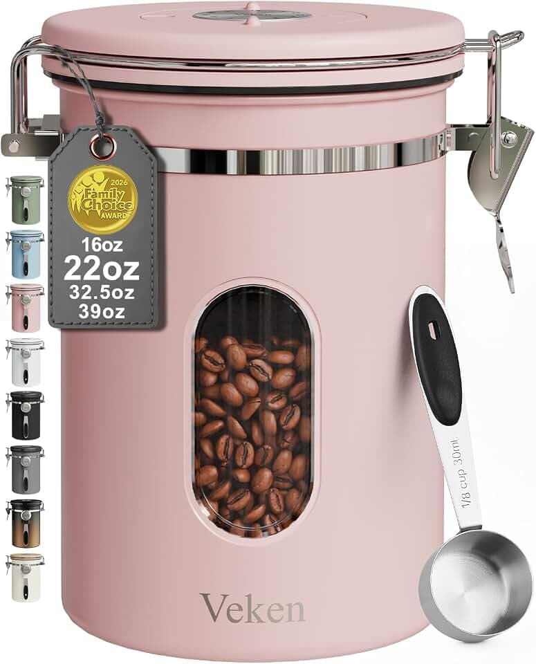 Veken Coffee Canister with Window, Airtight Stainless Steel Container, 22OZ