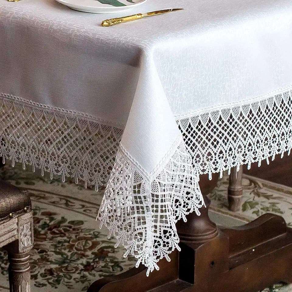 ARTABLE White Lace Rectangle Tablecloth Antique Floral Macrame 60x84 Inch