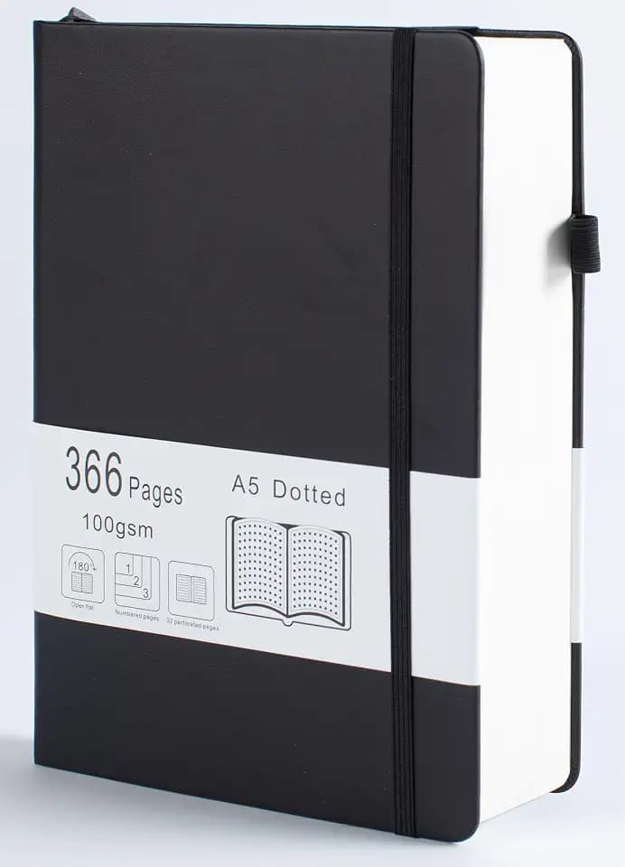Thick Bullet Notebook with 366 Numbered Pages, A5 Dotted Journal for Writing with 100GSM Dot Grid Paper, Hardcover Leather Notebooks for Women Men School Note Taking Office Work Diary, 5.7"x8.3" Black