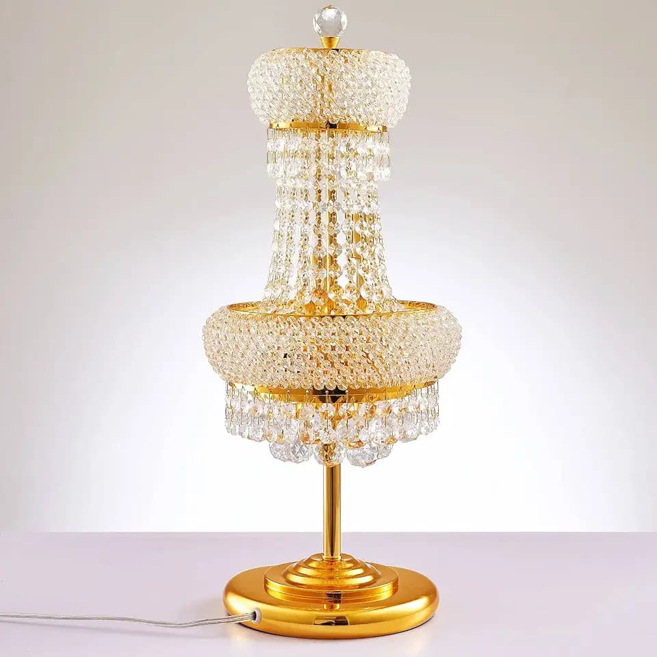 6-Lights Golden Finish Classic Empire Style K9 Crystal Ball Bedside Desk Table Lamp Night Light Fixture for Living Room Dining Room Bedroom Office Home Table Decoration (W 10 × H 22 inch)