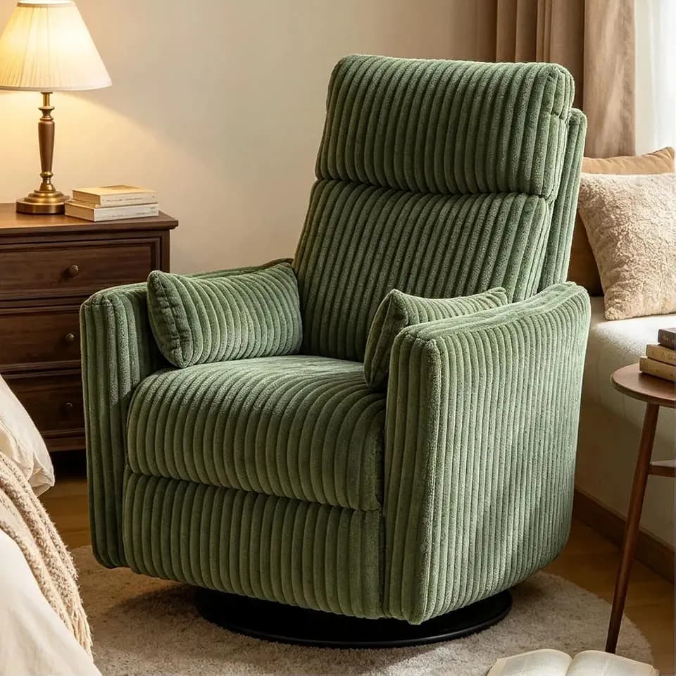 LINSY 220° Swivel Electric Power Recliner Chair, Corduroy Nursing Rocker Chair with USB & Type-C, High Back Adult Comfort Chair with 2 Pillows, Space-Saving for Nursery, Bedroom, Living Room, Green