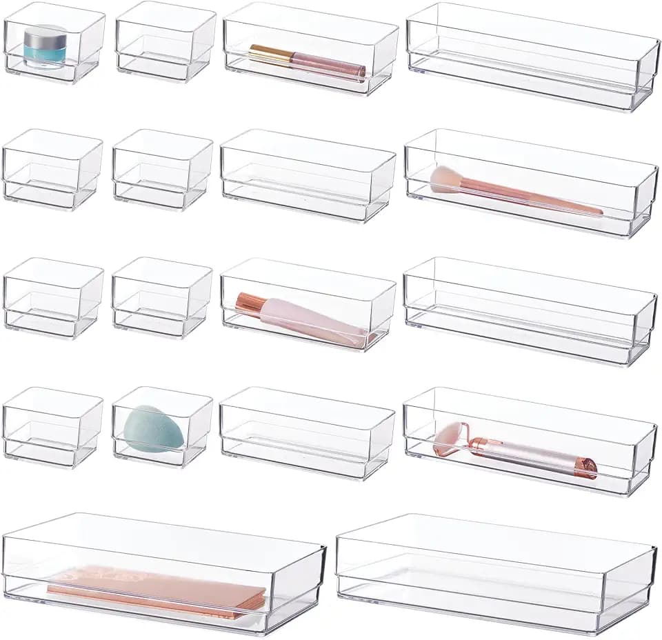 STORi SimpleSort 18-Piece Stackable Clear Drawer Organizer Set | Multi-size Trays | Makeup Vanity Storage Bins and Office Desk Drawer Dividers | Made in USA
