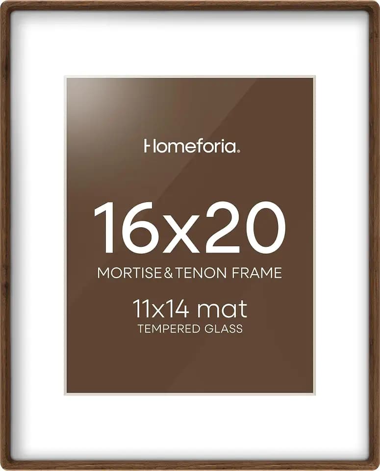 Homeforia 16x20 Mortise&Tenon Walnut Picture Frame, 11x14 Mat, Glass