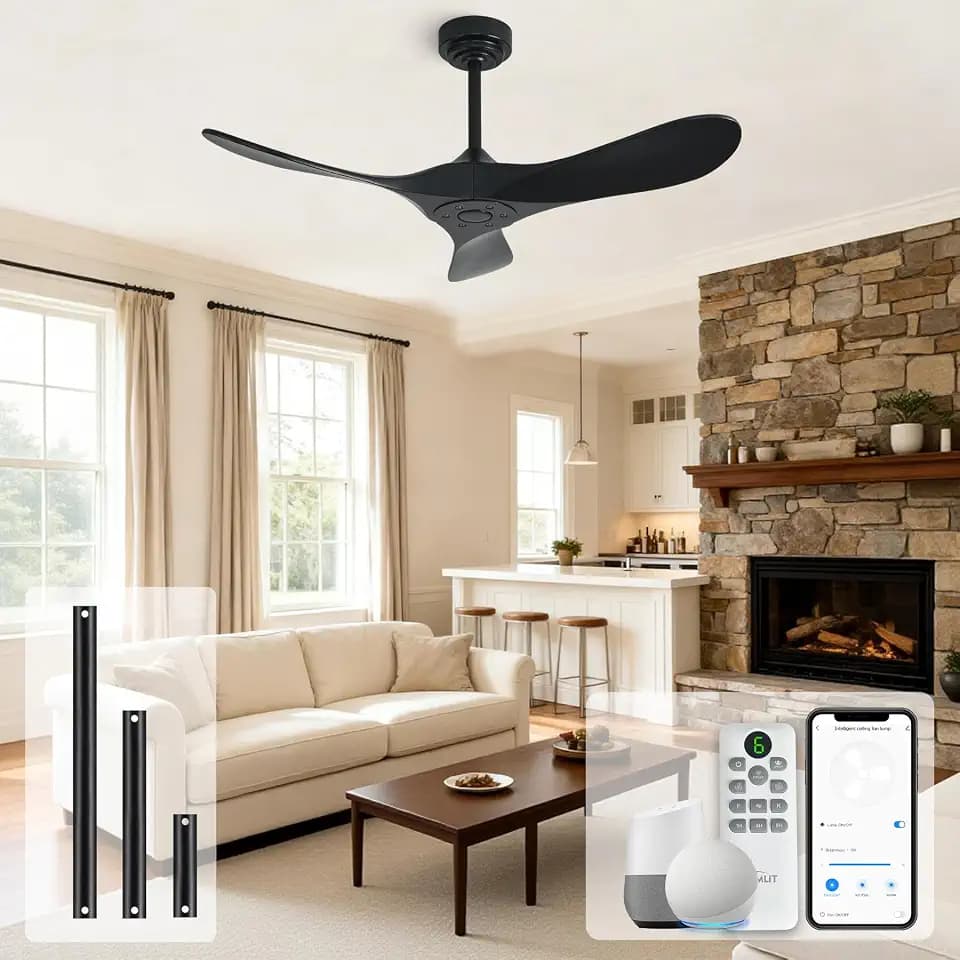 Outdoor Ceiling Fan Without Light, 42Inch Smart Ceiling Fan with Remote & Voice Control for Compatible with Alexa/Google, 3-Blade Solid Wood Fan, Quiet DC Motor, 6 Speeds for Patio, Farmhouse