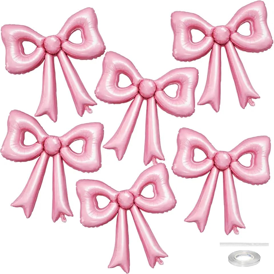 Pearl Pink Bow Balloons, 6 Pcs Cutout Foil for Bridal Wedding Party