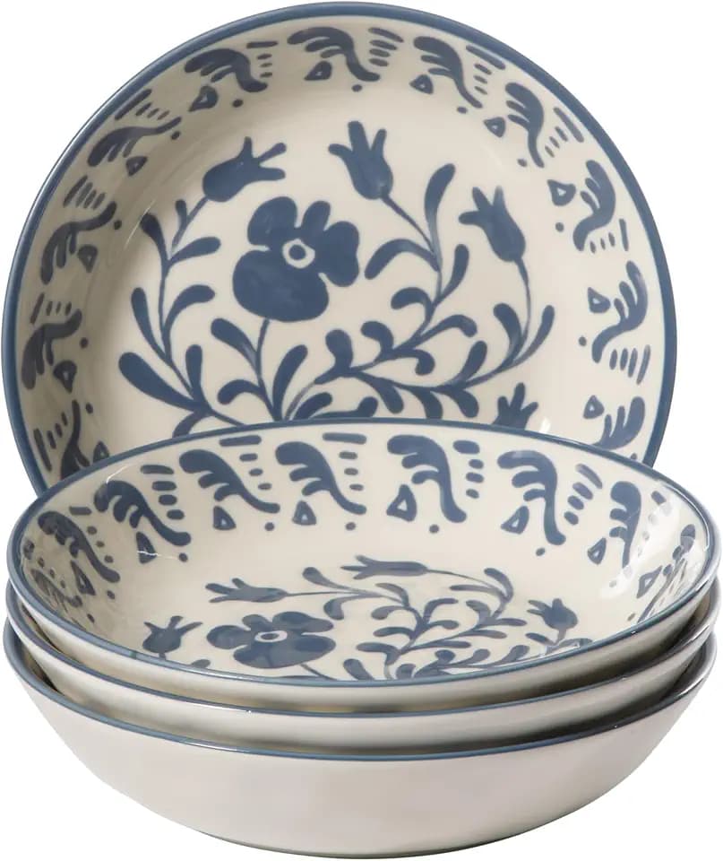 Bloomhouse - 2-Time Oprah’s Favorite Things - Valencia Flor 4 Piece Dinner Bowl Set, 8” Stoneware Pasta Bowls, Mediterranean Floral Decal Design, Microwave & Dishwasher Safe, Iris Blue
