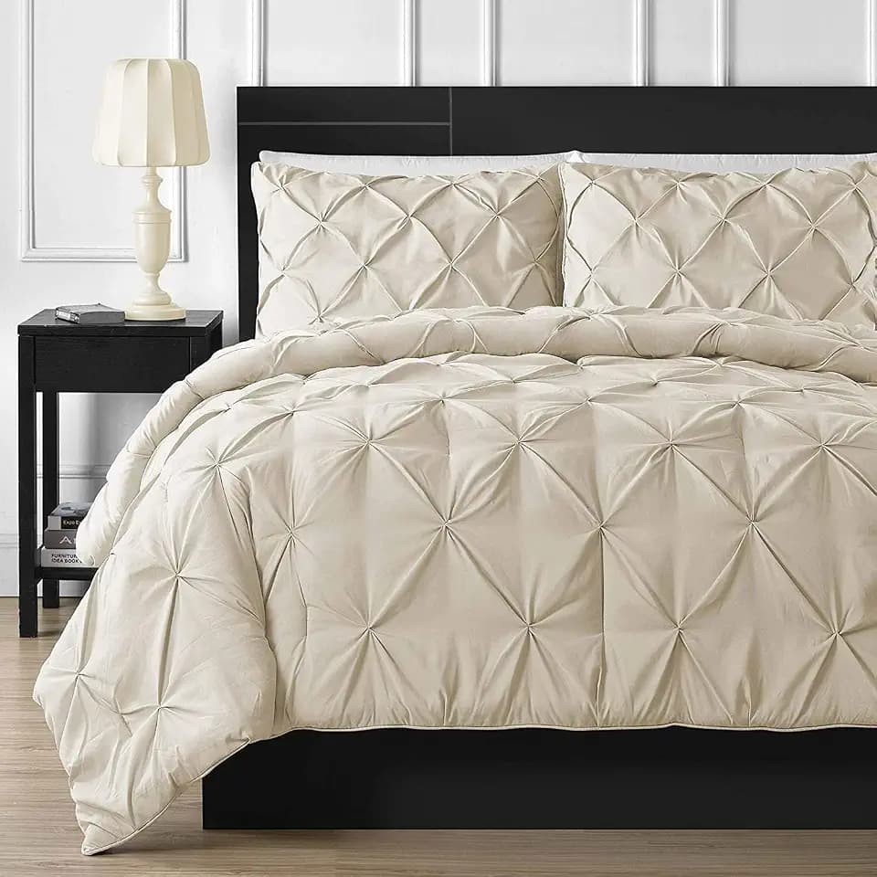 Luxuriate Hotel 1000-TC Hypoallergenic Ultra Soft 100% Egyptian Cotton 90X90" inch Full/Full XL/ Queen Size Ivory Solid Pinch Plated Duvet Cover With Zipper Colser & 2pcs Pillow Case Set