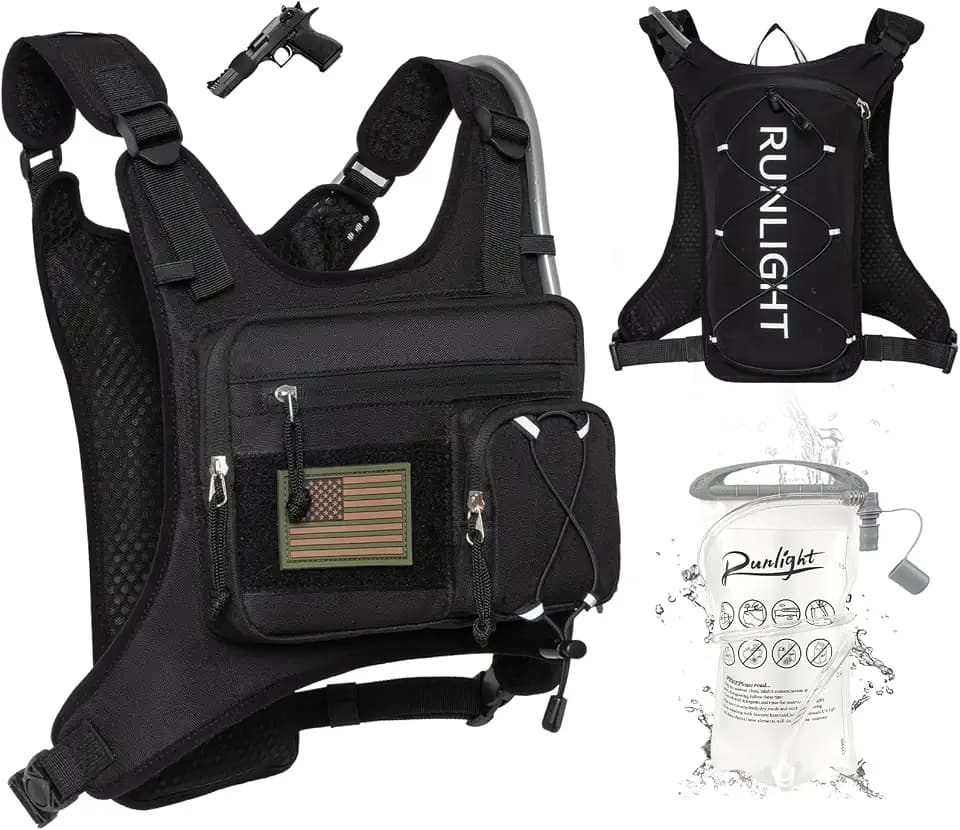 Runlight Running Vest,Lightweight Adjustable Chest Pack with Pistol Holster, Pack with 1.5L Water Bladder, Reflective Running Hydration Vest