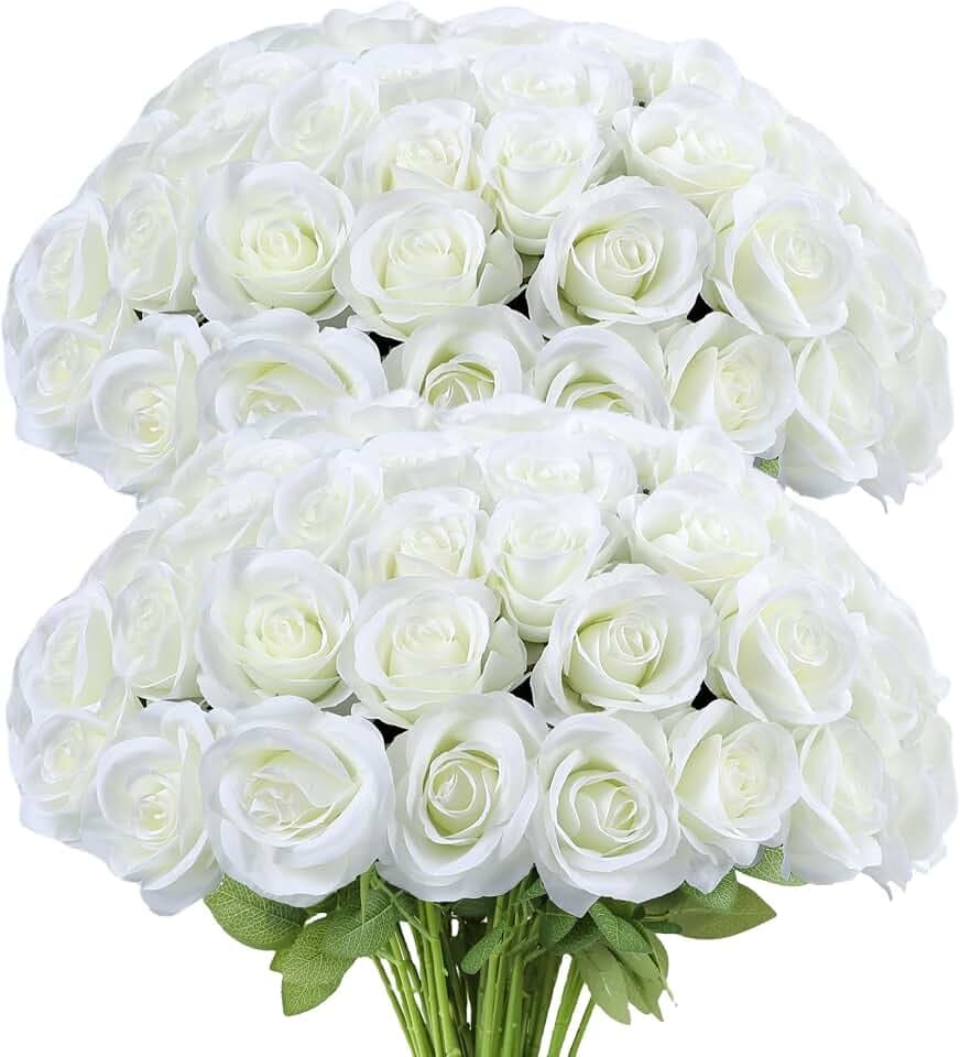 LVEFIT 50 Pcs White Flowers Artificial Roses Fake Flowers