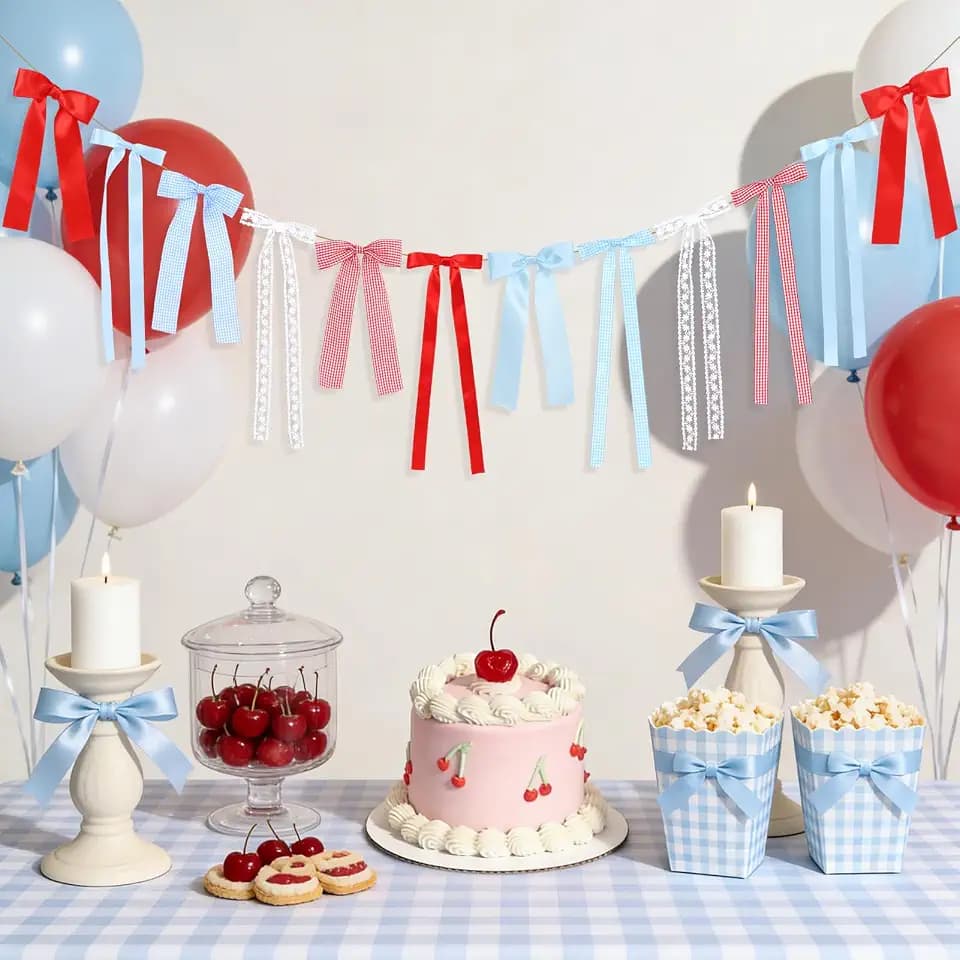 Cherry Blue Gingham Bow Garland, White Lace and Red Blue Gingham Bow Garland Plaid Ribbon Bows Banner Decor for Cherry Birthday, She's Ready to Pop Baby Shower, Cherry on Top Theme Party Decorations