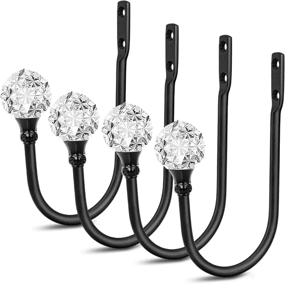 4 Pack Curtain Holdbacks, Crystal Curtain Holders for Wall Black Curtain Tiebacks Hooks Drapery Tiebacks Curtain Pullbacks Side Hooks for Drapes