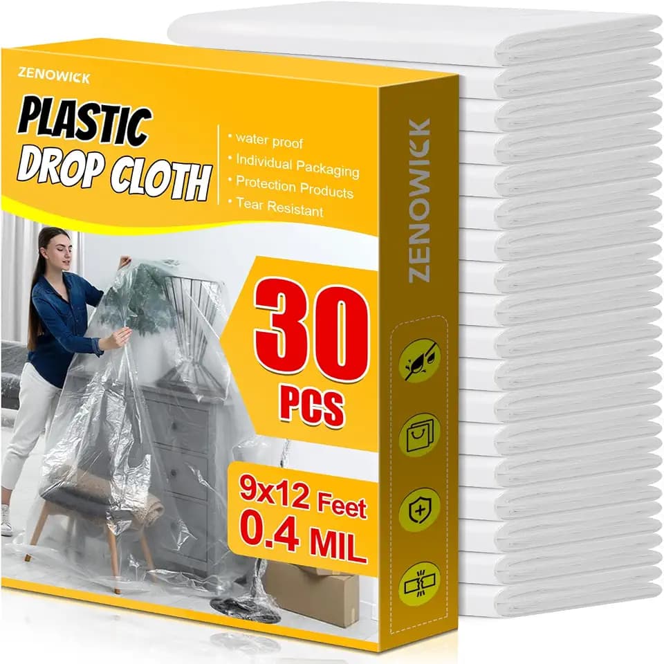 ZENOWICK 30 Pack Plastic Drop Cloth, 9x12 Ft Plastic Sheeting for Painting