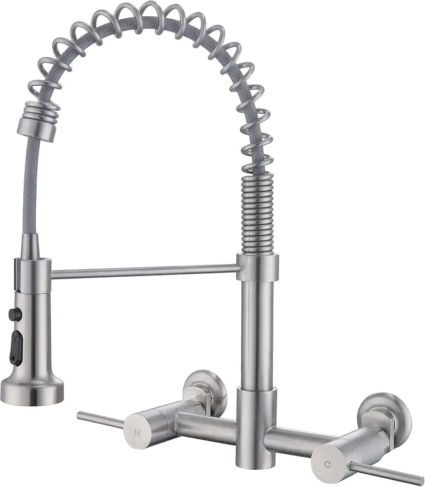 Wall Mount Kitchen Faucet, 8 Inch Center Wall Mount Kitchen Sink Faucet with Pull Down Sprayer Commercial, Brushed Nickel