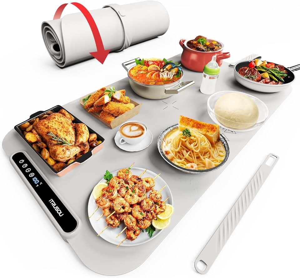 Food Warming Mat, iTRUSOU 27.5x16'' Electric Warming Tray with 7 Temp-Settings, 1-99h Flexible Timer, Switchable °F/°C, Rollable Food Warmer Keep Food Warm at Buffet, Party, Sabbath, Daily Use
