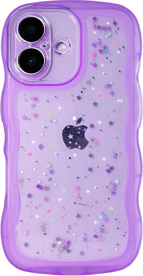Qokey for iPhone 16 Case 6.1",Cute Bling Clear Curly Wave Design,Purple
