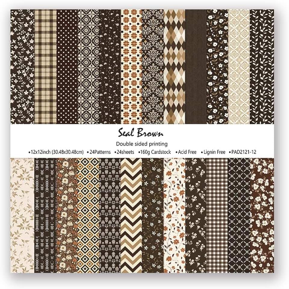 Seal Brown Double Sided Scrapbook Paper 12x12 Inch, 24 Sheets 24 Unique Rustic Patterns, 160gsm Acid Free Vintage Farmhouse Cardstock for Junk Journal, Cardmaking and DIY Crafts
