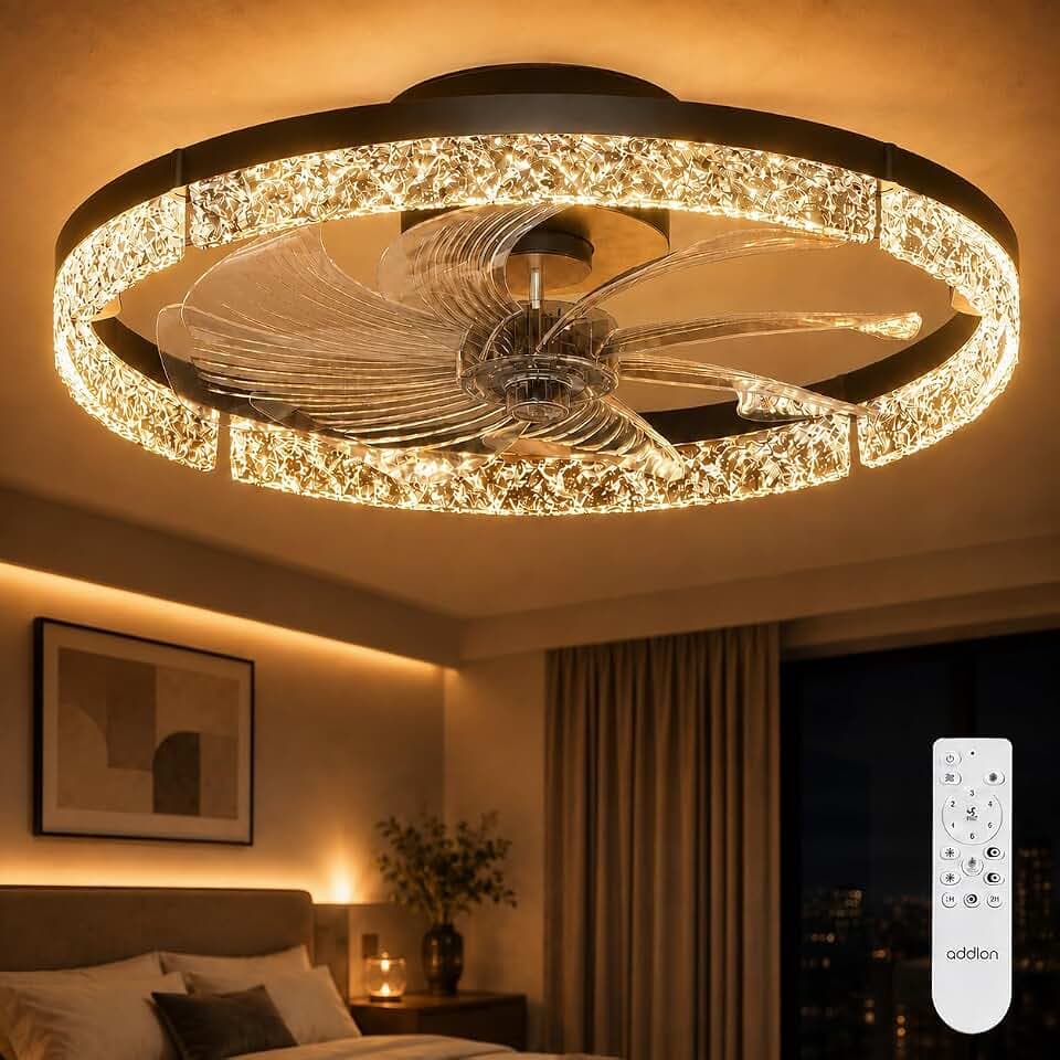 Garvee 20'' Ceiling Fan with Lights, Low Profile Crystal Flush Mount Fan