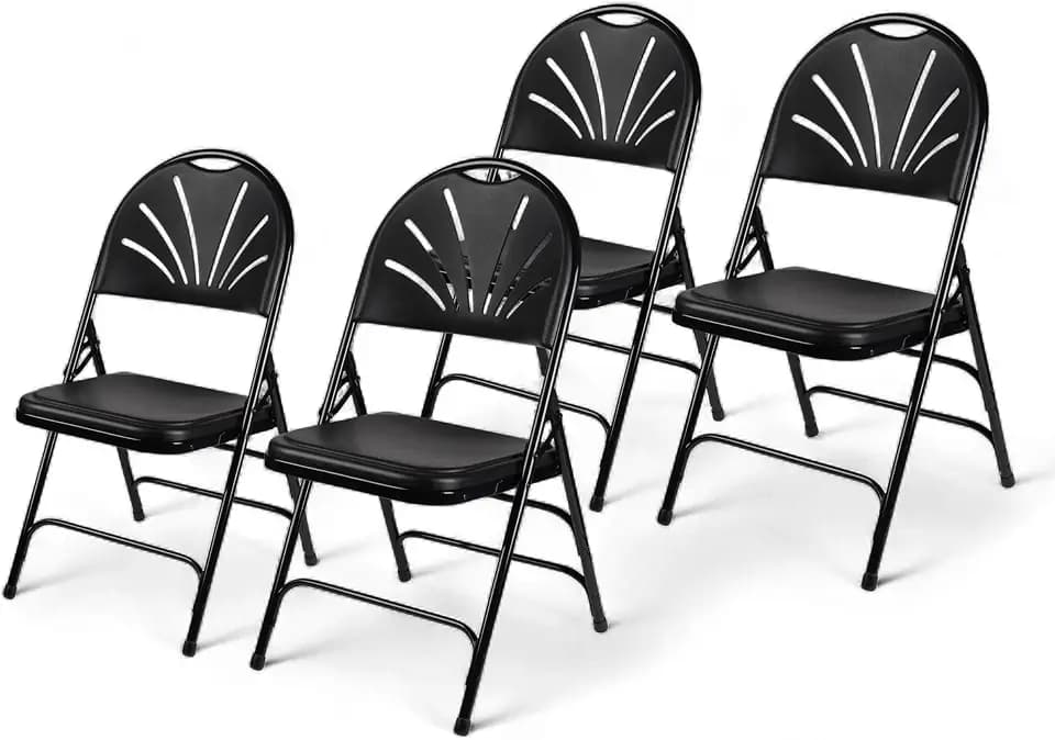 OEF Furnishings OEF1100 Series Premium Heavy-Duty Plastic Folding Chairs, Commercial Fanback Event Chairs with Triple Brace and 500 lb Capacity (4-Pack, Black Plastic with Black Frame)