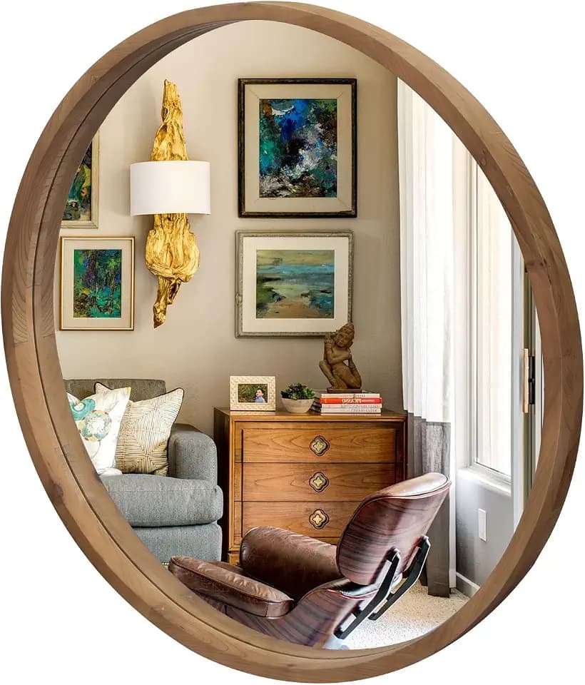36" Round Wood Mirror, Brown Farmhouse Mirror for Wall Decor
