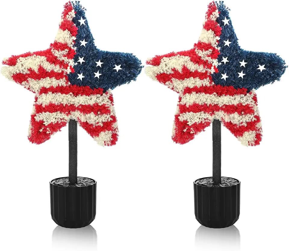 Sureio 2 Pack Veterans Day Porch Decor, 25.6 Inch Star Topiary Trees