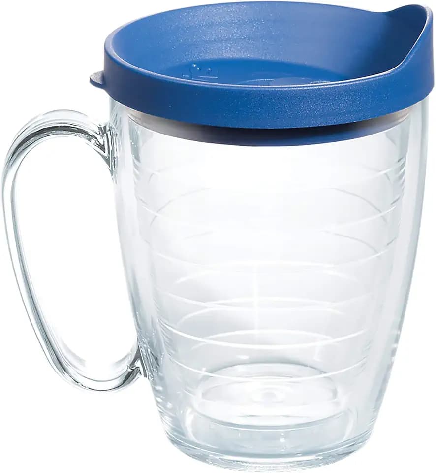 Tervis Clear & Colorful Lidded Made in USA Double Walled Insulated Tumbler Travel Cup Keeps Drinks Cold & Hot, 16oz Mug, Blue Lid