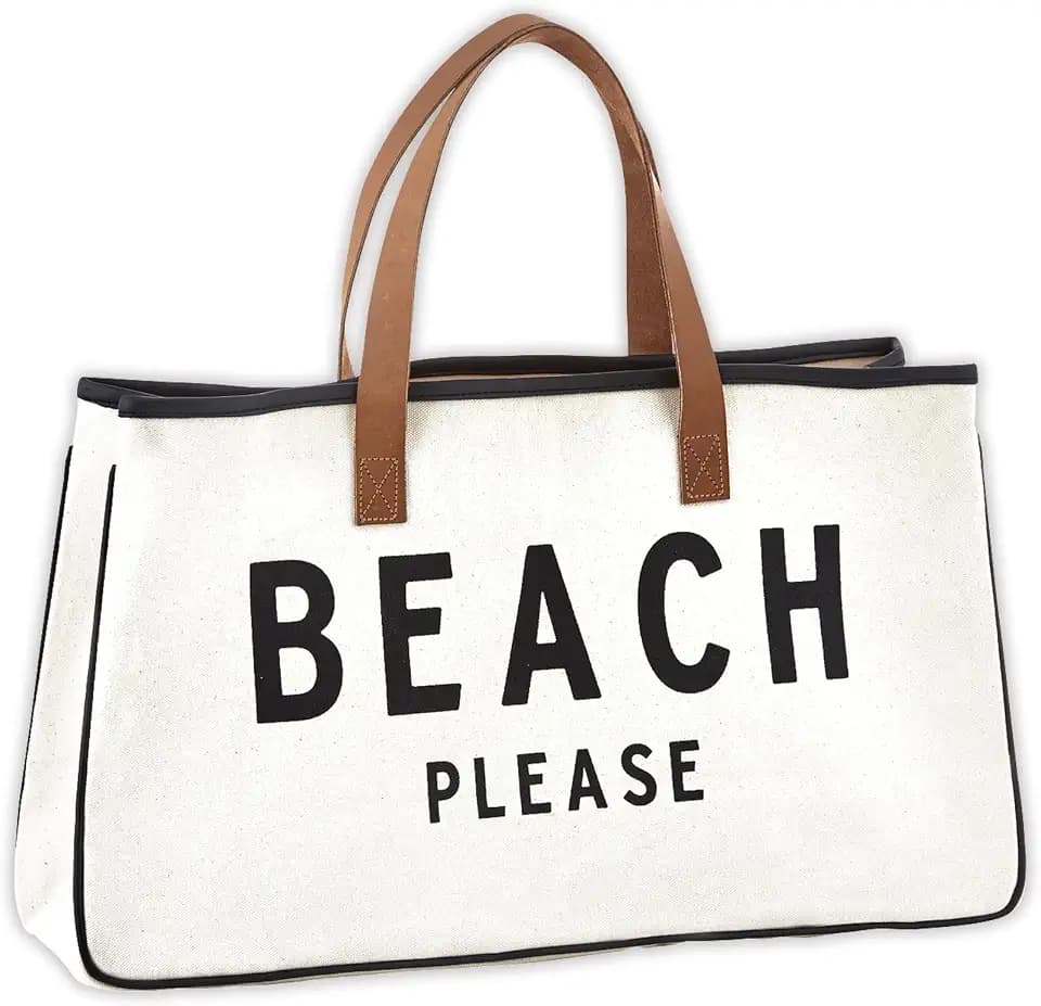 Santa Barbara Design Studio Womens Tote - Cotton Canvas Shoulder Bag with Leather Handles and Waterproof Lining, Large, Beach Please
