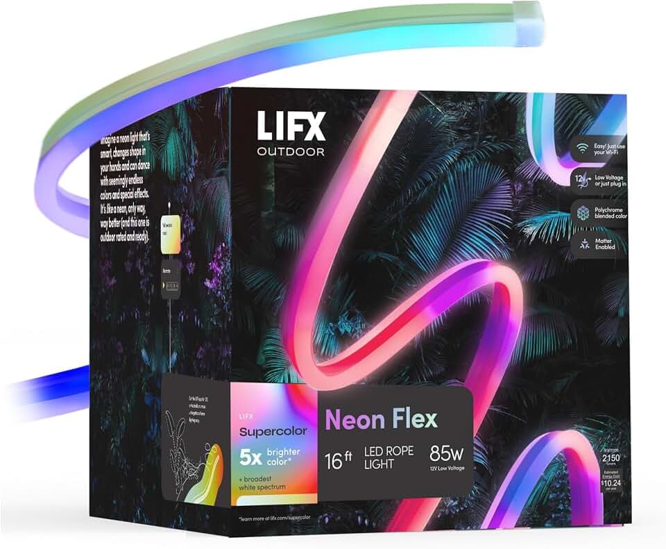 LIFX Neon Flex Rope Lights - 16ft Outdoor LED Rope Light - Compatible with Alexa