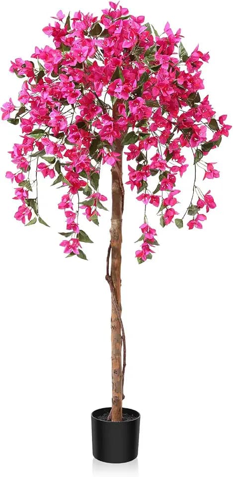 Laiwot 5FT Artificial Tree Tall Potted Fake Bougainvillea Trees for Outdoor Indoor Office Wedding Home Decor Lifelike Faux Plants with Wood Trunk and Pink Flowers