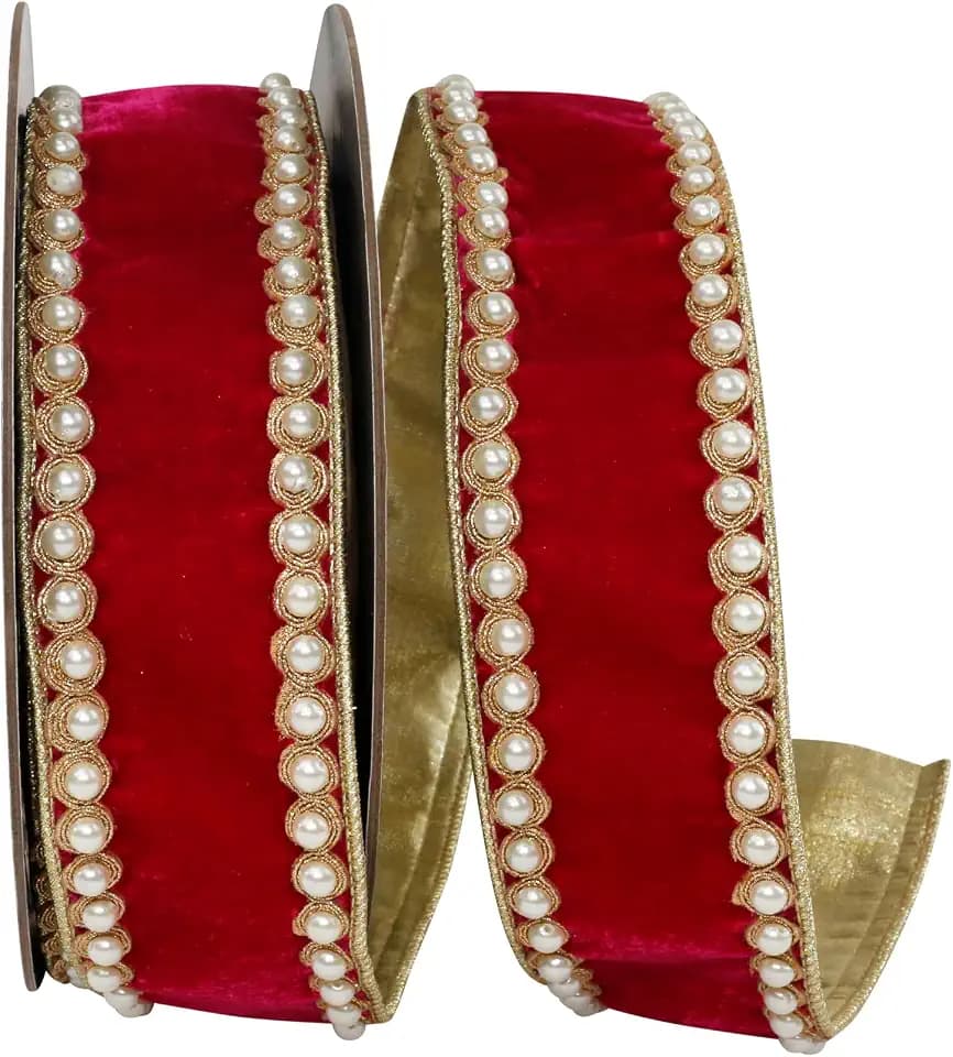Reliant Ribbon Pearl Edging Plush Velvet Deluxe Splendor Metallic Backed Wired Edge, Ruby, 2-1/2 Inch, 5 Yards