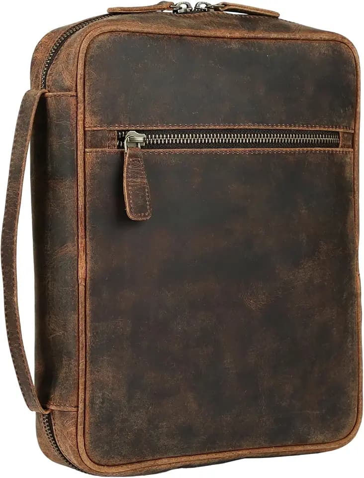 Leather Bible Cover for Men & Women – Zippered Bible Case with Handle, Note & Pen Organizer – Fits Large Study Bible – 11.5x8.5 Inch (Hunter)