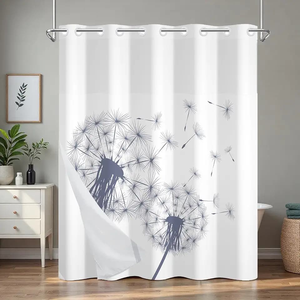 No Hook Shower Curtain and Liner, Farmhouse Heavy Duty Waterproof Shower Curtain with Mesh Top Window and Weighted Hem, Dandelion Print Washable Shower Curtains for Bathroom and Hotel, 71" W x 74" L
