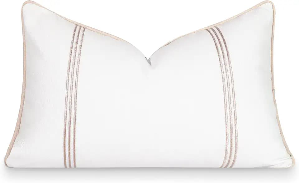 Hofdeco Premium Fall Coastal Patio Indoor Outdoor Lumbar Pillow Cover Only, 12"x20" Water Repellent for Backyard, Couch, Neutral Tan Embroidered Vertical Line