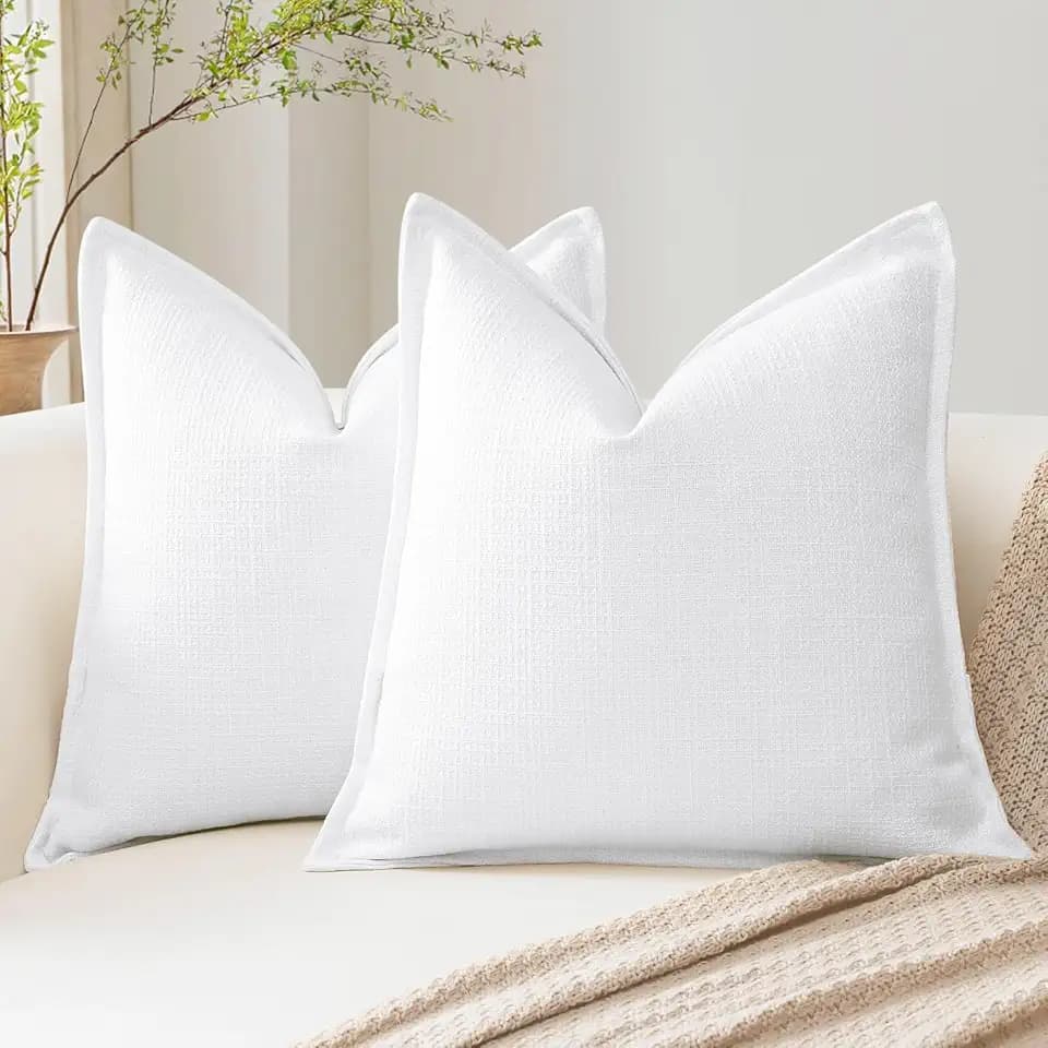 OTOSTAR Pack of 2 White Decorative Pillow Covers 14x14 Inch Soft Linen Texture Couch Throw Pillows Farmhouse Cushion Covers with Elegant Design for Sofa Bedroom Living Room Home Decor 35 x 35 CM