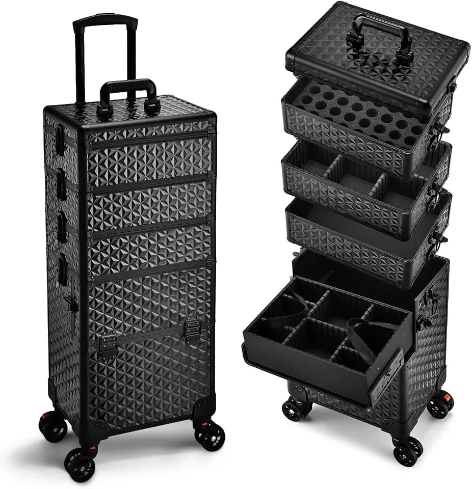 Yueieoun 5 in 1 Makeup Train Case, Cosmetology Case on Wheels Travel Make up Case Rolling Nail Cart Makeup Organizer Cosmetic Storage Box Cases Extra Large Trolley Truck with 360° Swivel Wheels, Black