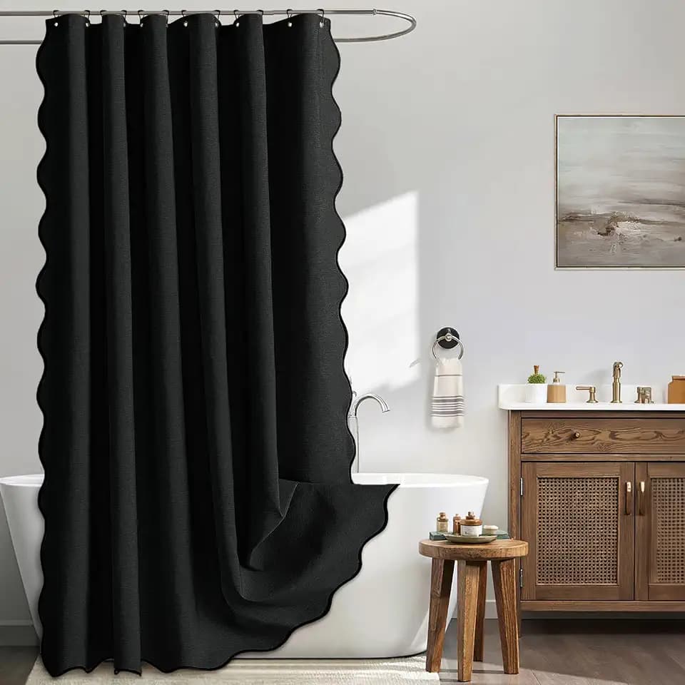 MIULEE Black Scalloped Linen Shower Curtain 72x72 Inches