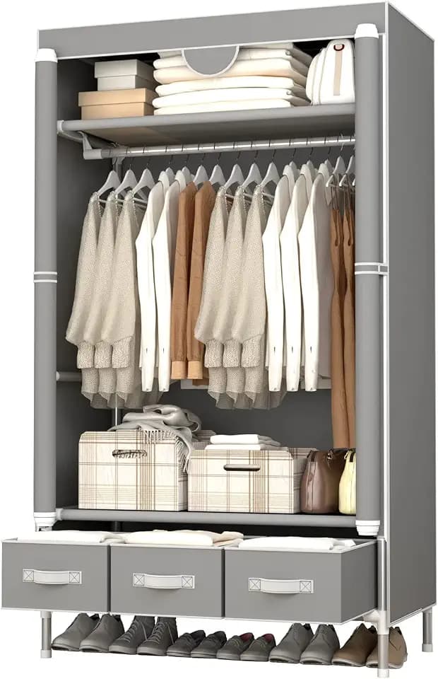 Portable Clothes Closet Rolling Door Wardrobe with Hanging Rack Non-Woven Fabric Storage Organizer with Three Drawer Boxes No-Tool Assembly - 35.4 x 17.7 x 67.0 ‘’ (Gray)