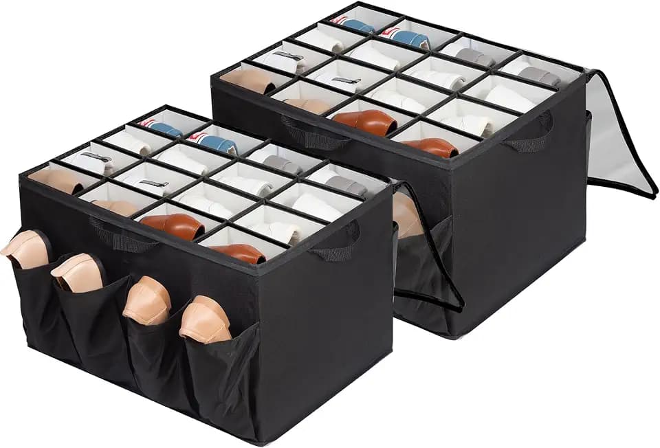 Shoe Organizer for Closet, Fits up to 24 Pairs, Fabric Shoe Box Storage Containers with Adjustable Dividers and Clear Cover, Black, 2 Pack