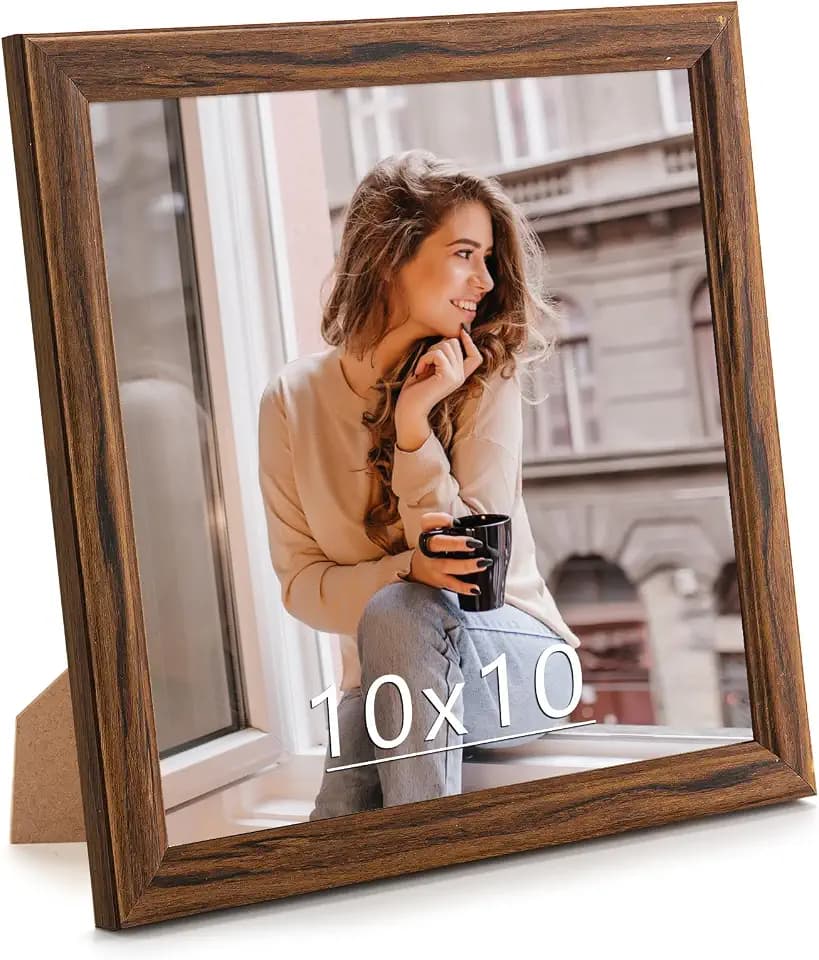 10x10 Wood Frame Brown, Natural Wooden 10x10in Picture Frames, Modern Golden 10 x 10inch Gallery Photo Pic Frame with HD Plexiglass, Horizontal Vertical Wall Mounting Tabletop Display 1Pcs