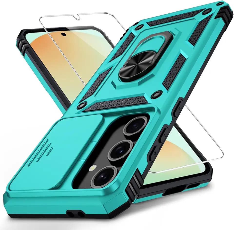 for Samsung Galaxy S25 Case with Camera Lens Cover, HD Screen Protector, 10 FT Military Grade Drop Protection, Magnetic Ring Holder Kickstand Protective Phone Case, Ice Green