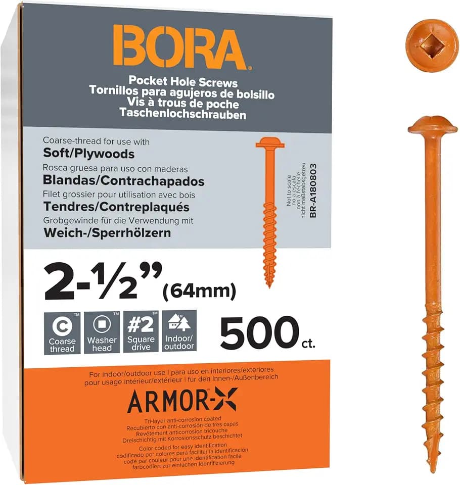 Bora Pocket Hole Screws 2-1/2 Inch Coarse Thread - 500 Pack for Wood Joinery - Professional Woodworking Bora Jig Compatible Screws for Furniture, Cabinetry & Carpentry Projects