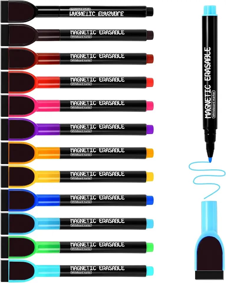 12 Pcs Magnetic Dry Erase Markers, Colorful Fine Tip Whiteboard Markers with Erasers, Thin Low Odor Dry Erase Marker Set for White Board Fridge Calendar Office Home